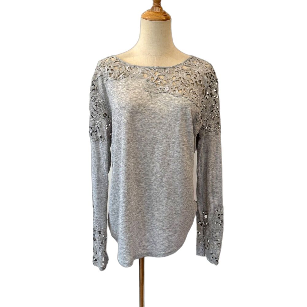 Sundance Lovelier Days Heather Grey Crochet Lace Detailing Long Sleeves Large - Picture 2 of 9